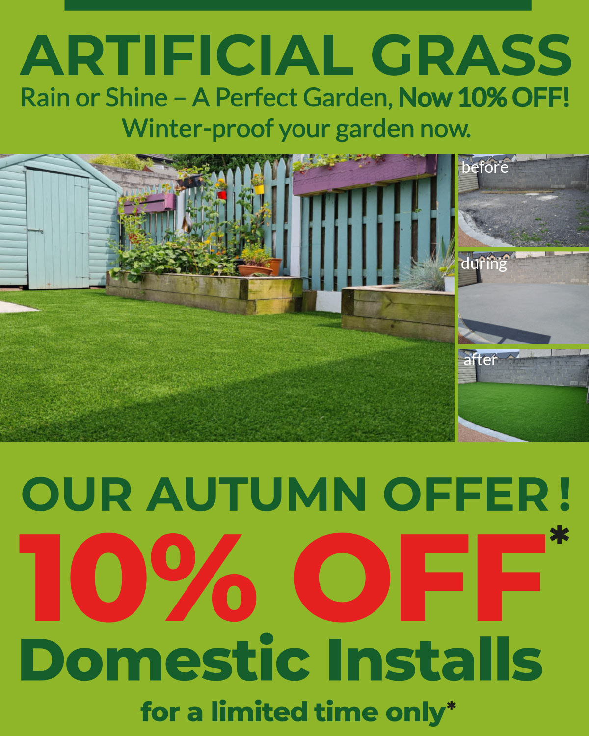 image graphic for 10 per cent OFF artificial grass installs during October 2024